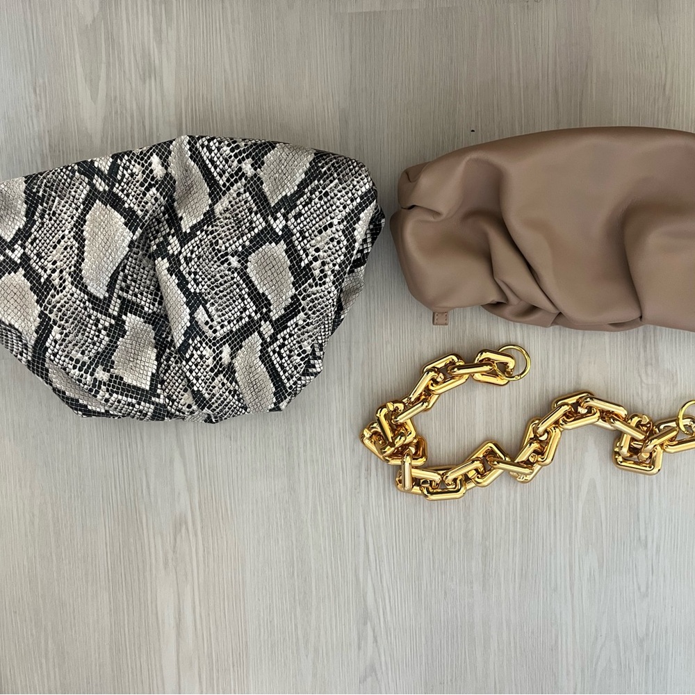 Snake Print and Tan Clutch Set with Gold Chain